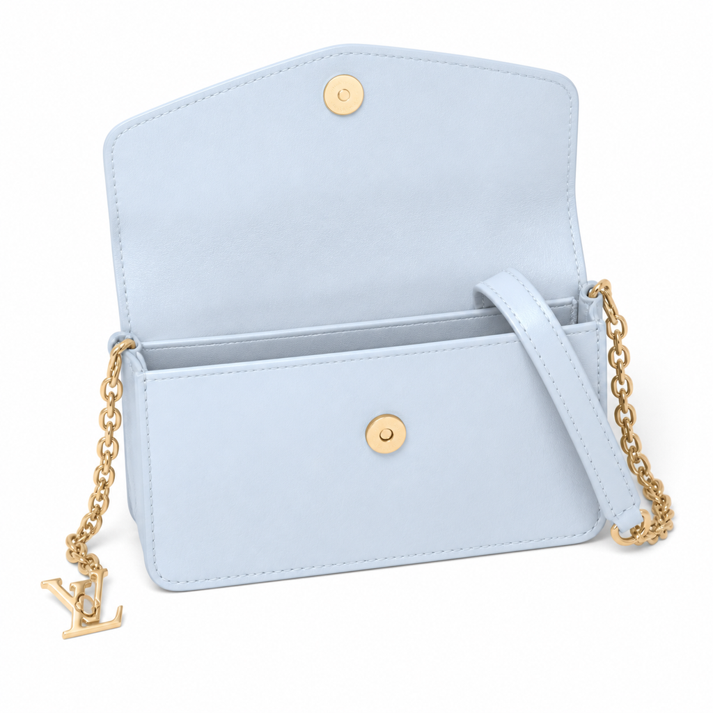 LV LockMe Tender Smooth Calfskin Bleu Glacé Ice Blue Giant Gold LV Turn-Lock Chain Leather Strap Crossbody Bag