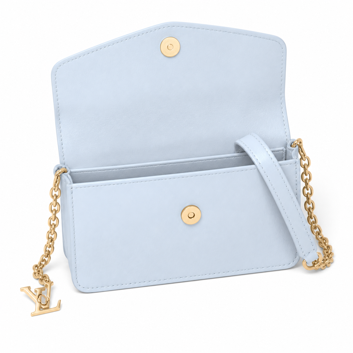 LV LockMe Tender Smooth Calfskin Bleu Glacé Ice Blue Giant Gold LV Turn-Lock Chain Leather Strap Crossbody Bag