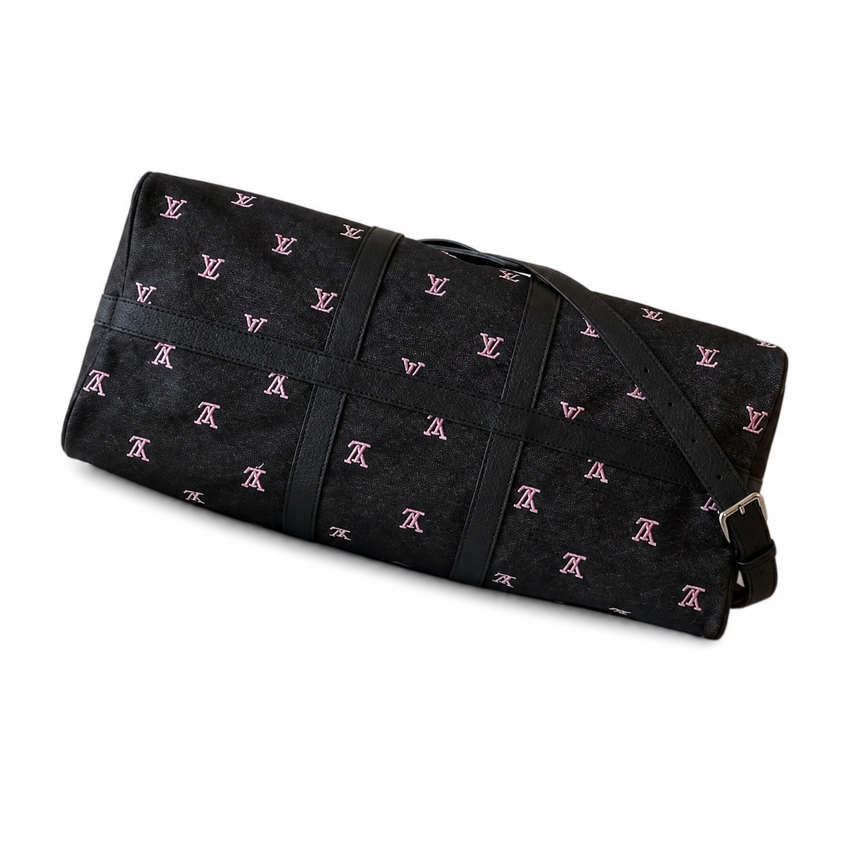 LV Keepall Bandoulière 50 Taiga Leather Black Iridescent Embroidery Travel Duffle Bag