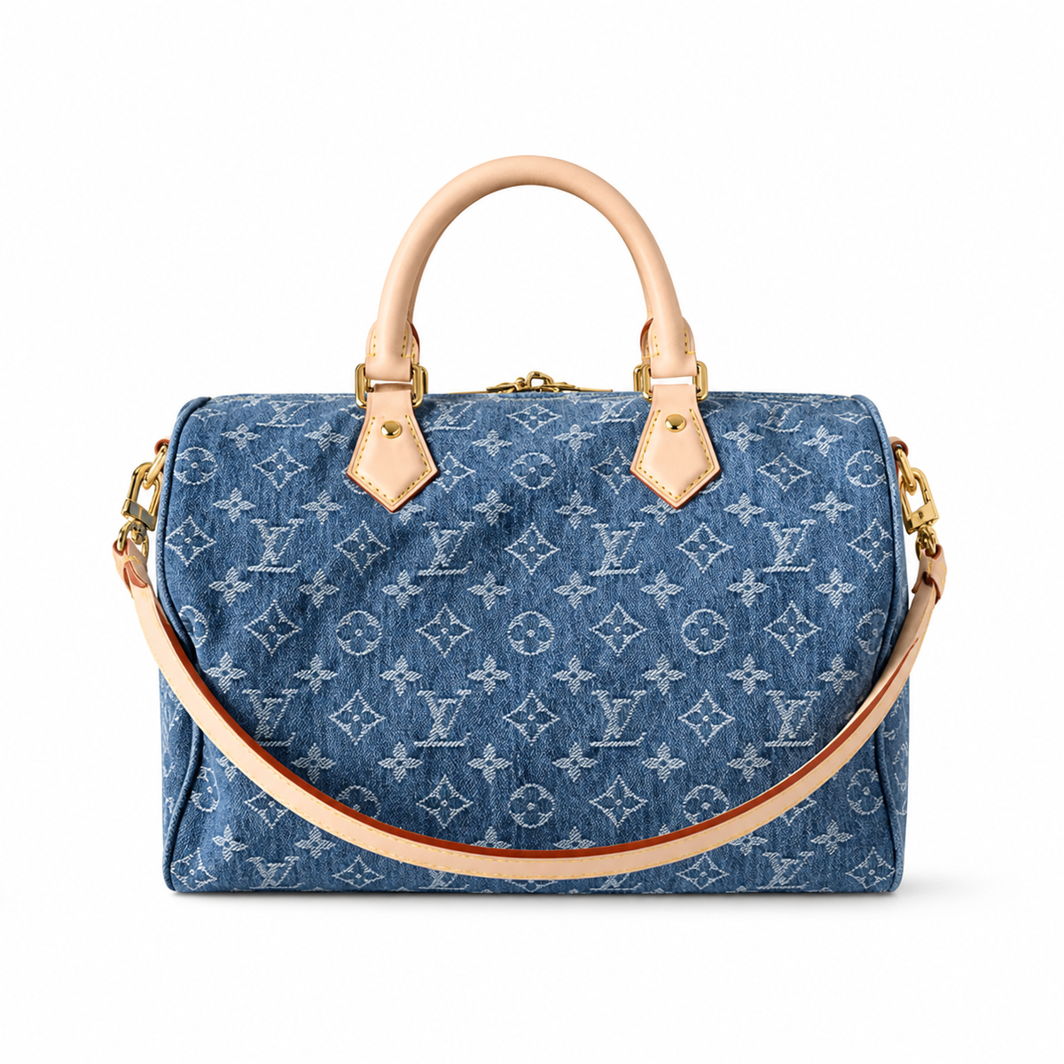 LV Speedy Bandoulière 30 Monogram Denim Blue Vachetta Leather Gold LV Padlock Top Handle Crossbody Bag