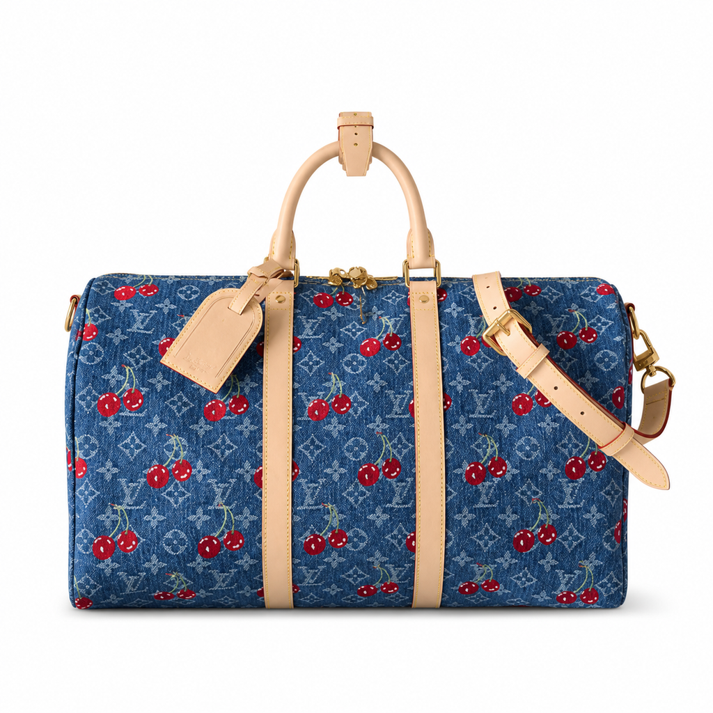 LV Keepall Bandoulière 50 Monogram Denim Cherry Print Travel Duffle Bag