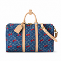 LV Keepall Bandoulière 50 Monogram Denim Cherry Print Travel Duffle Bag