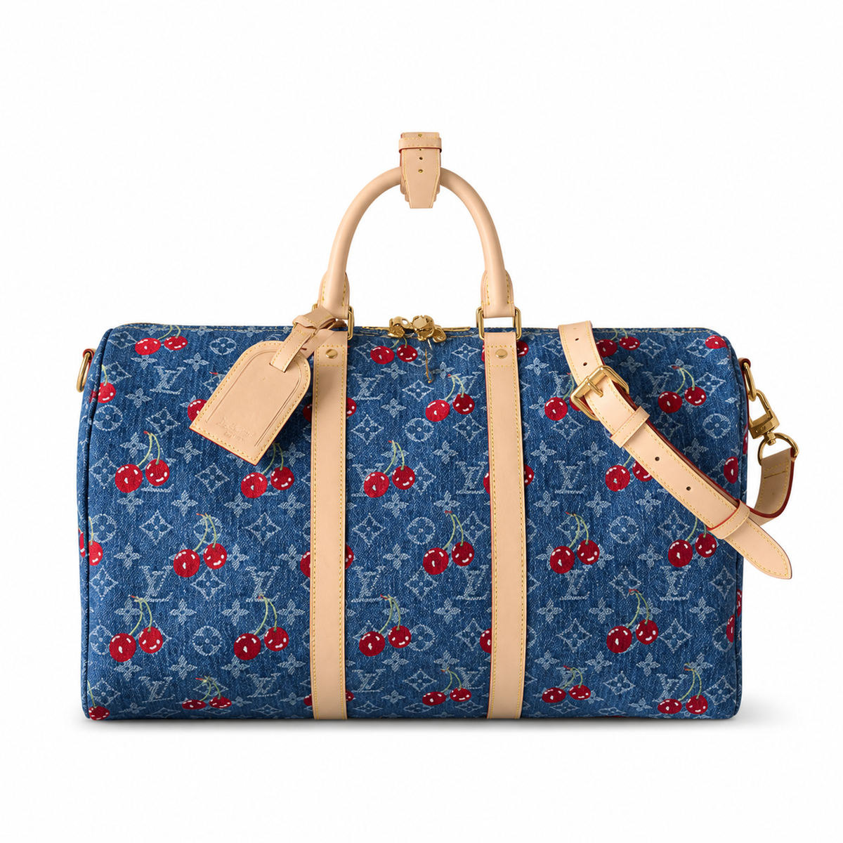 LV Keepall Bandoulière 50 Monogram Denim Cherry Print Travel Duffle Bag
