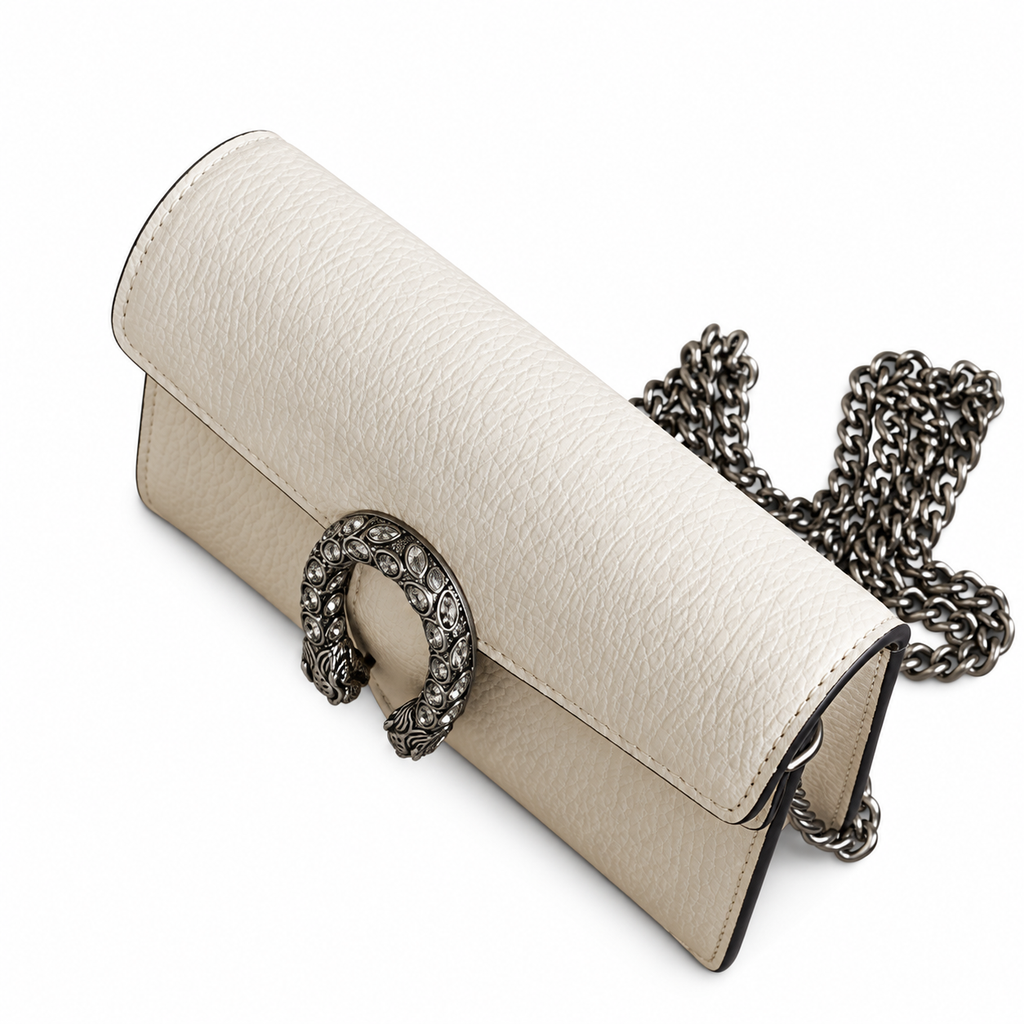 Gucci Dionysus Mini Bag in White Pebbled Leather with Crystal Tiger-Head Closure