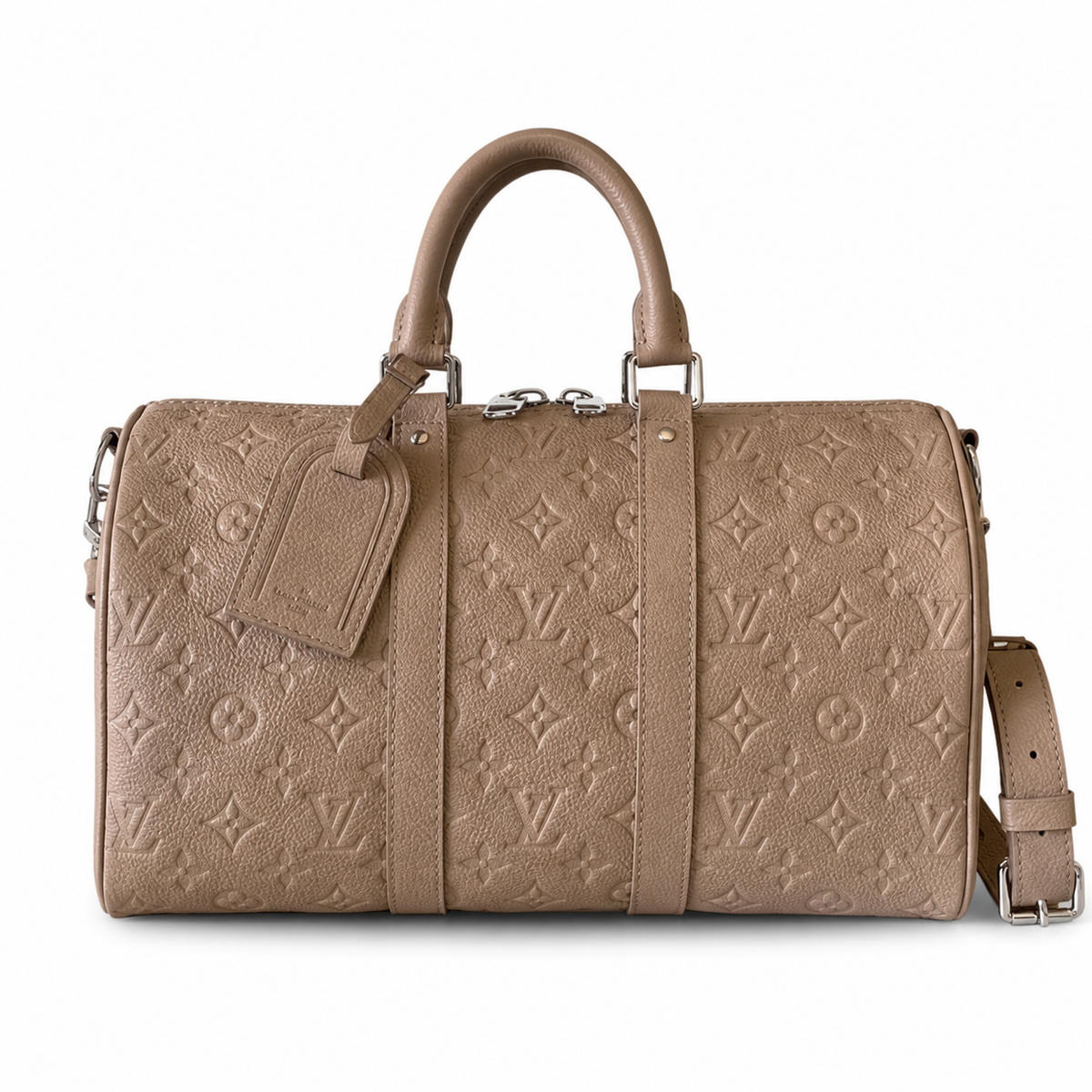 LV Keepall Bandoulière 35 Monogram Empreinte Leather Taupe Travel Bag