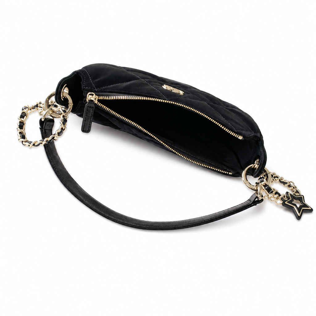 Chanel Black Suede Vertical Quilt Flap Bag | Oversized Gold CC Turn-Lock & CHANEL-Engraved Chain Ring