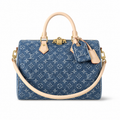 LV Speedy Bandoulière 30 Monogram Denim Blue Vachetta Leather Gold LV Padlock Top Handle Crossbody Bag