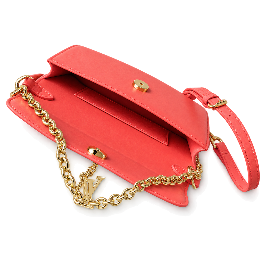 LV LockMe Tender Smooth Calfskin Coquelicot Poppy Red Gold LV Turn-Lock White Flower Charm Chain Crossbody Bag