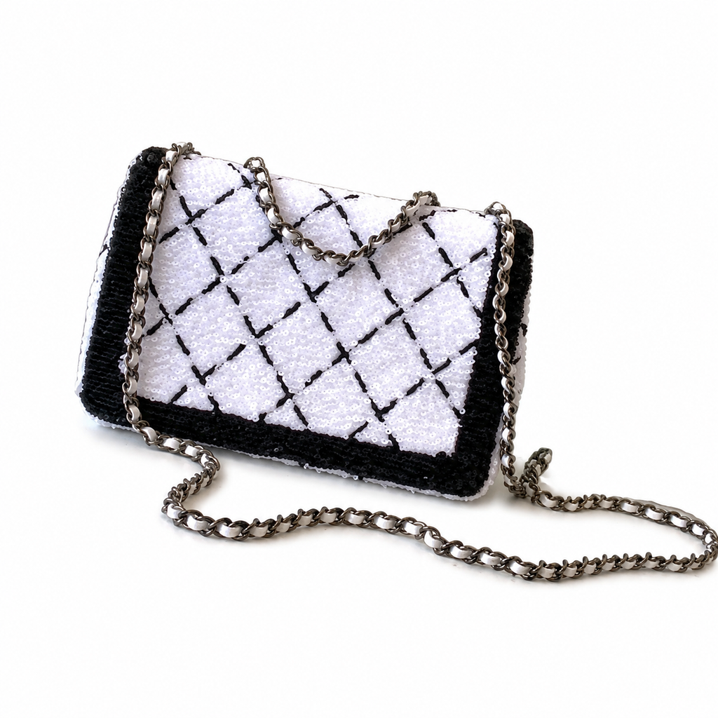 Chanel White & Black Sequin Quilted Diamond Evening Clutch | Two-Scale Composition, White Leather Interior & Gunmetal Chain