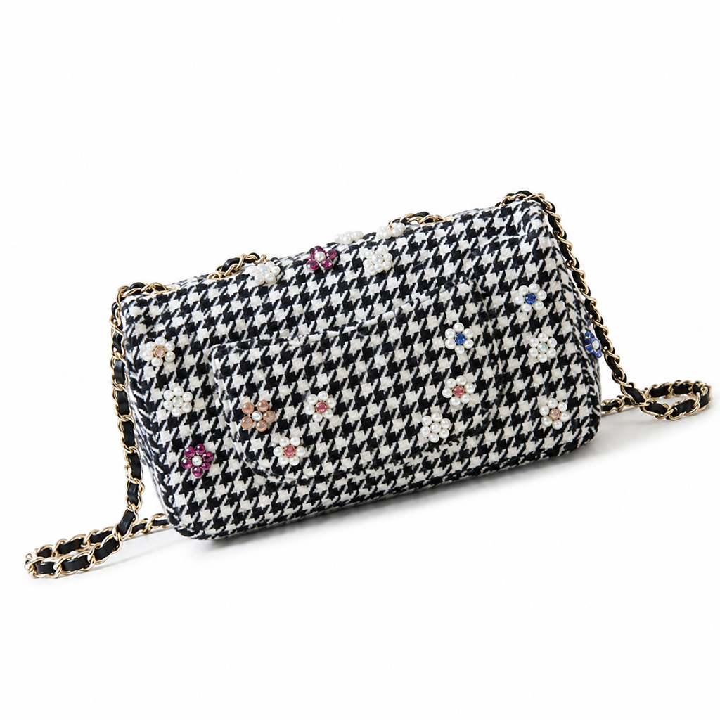 Chanel Black & White Houndstooth Tweed Box Bag with Pearl & Crystal Flower Embellishments