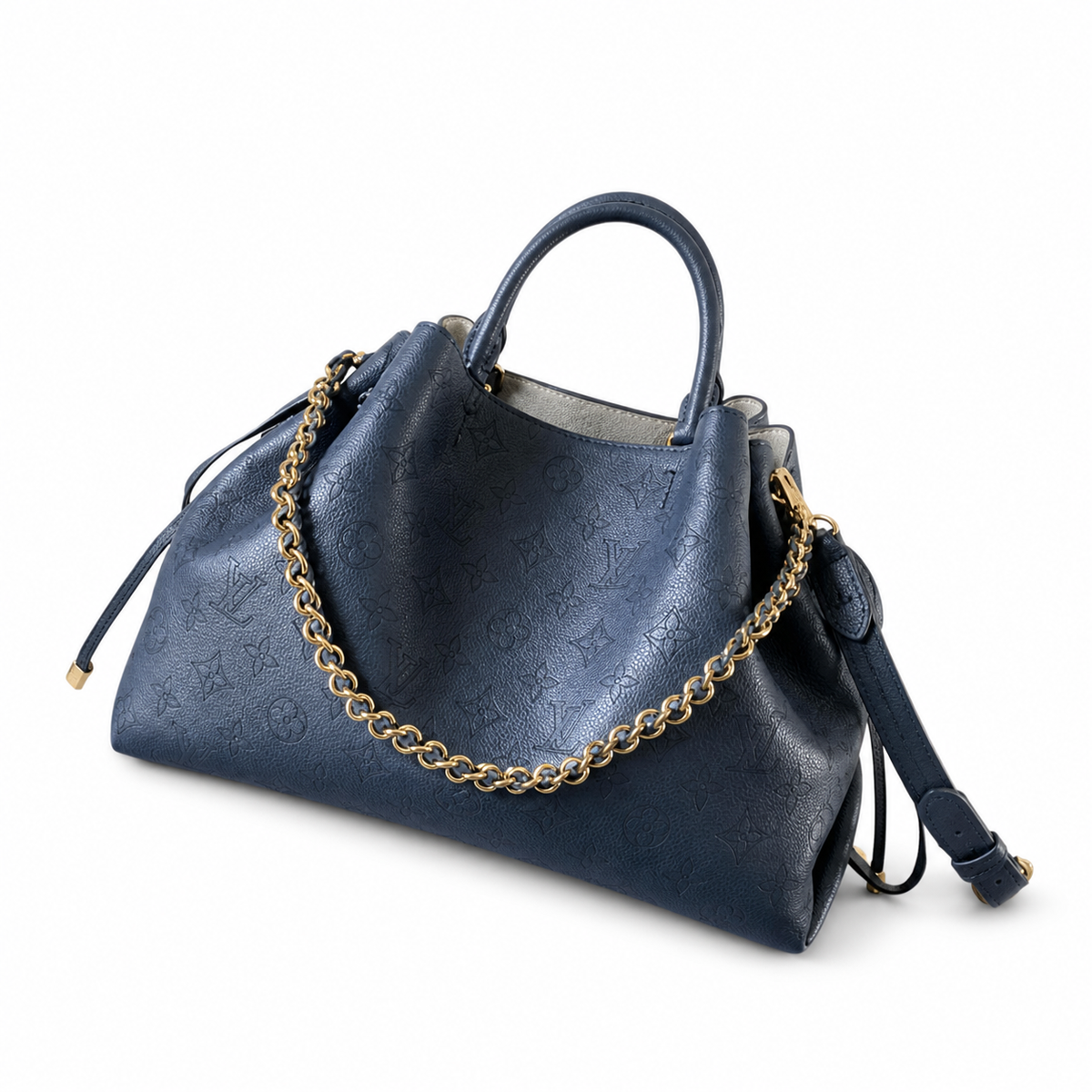 LV Bella Tote Monogram Empreinte Leather Navy Blue Gold Braided Chain Top Handle Crossbody Bag