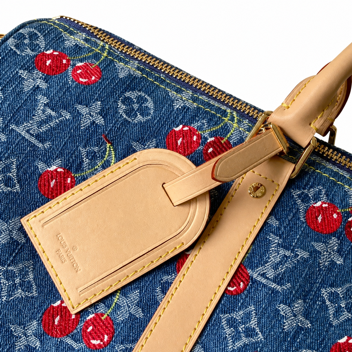 LV Keepall Bandoulière 50 Monogram Denim Cherry Print Travel Duffle Bag