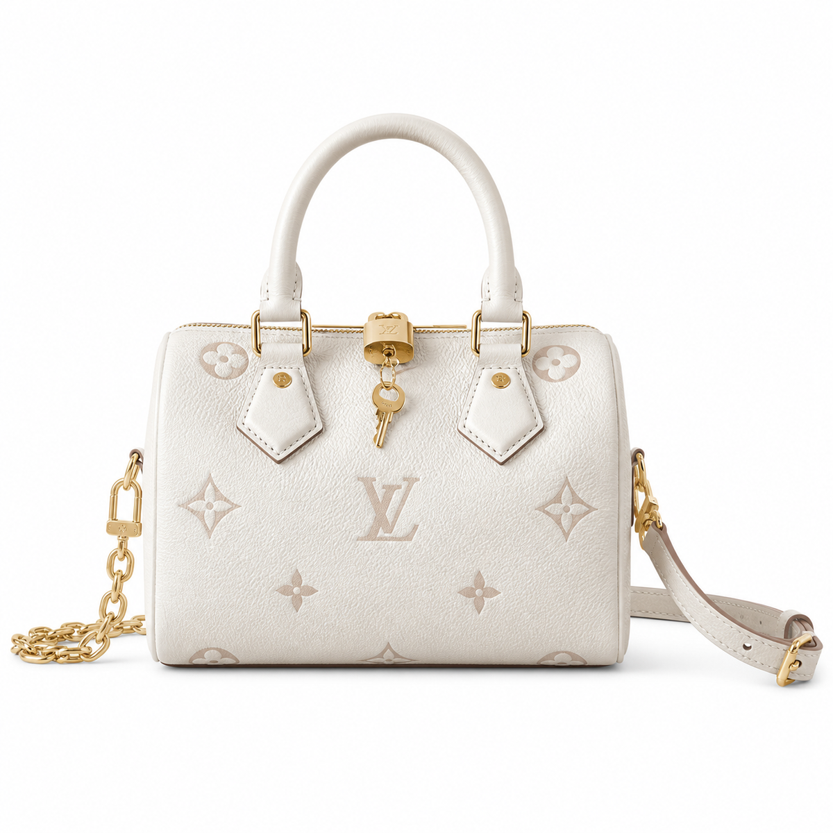 LV Speedy Bandoulière 20 Monogram Empreinte Leather Crème Pearl Mini Top Handle Crossbody Bag