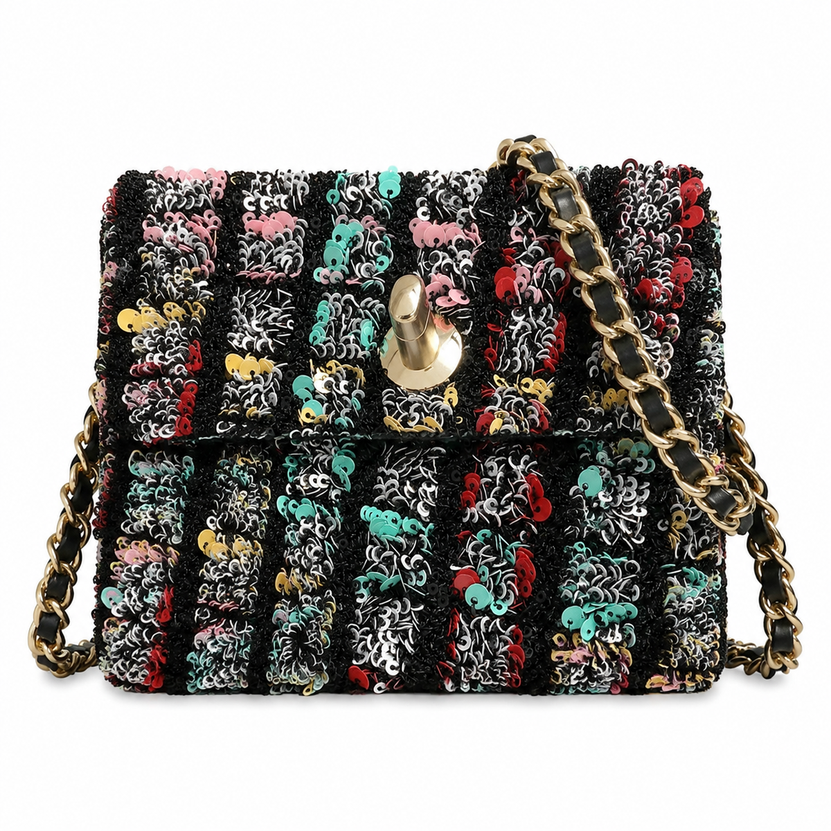 Chanel Multicolour Ring-Sequin Grid Flap Bag | Raised Black Velvet Framework, Stained-Glass Mosaic & Antique Gold CC
