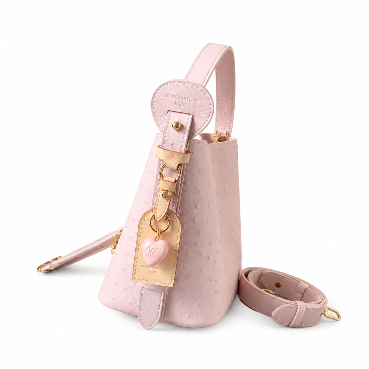 LV Papillon BB Ostrich Leather Rose Dragée Baby Pink LV Heart Charm Crossbody Shoulder Bag