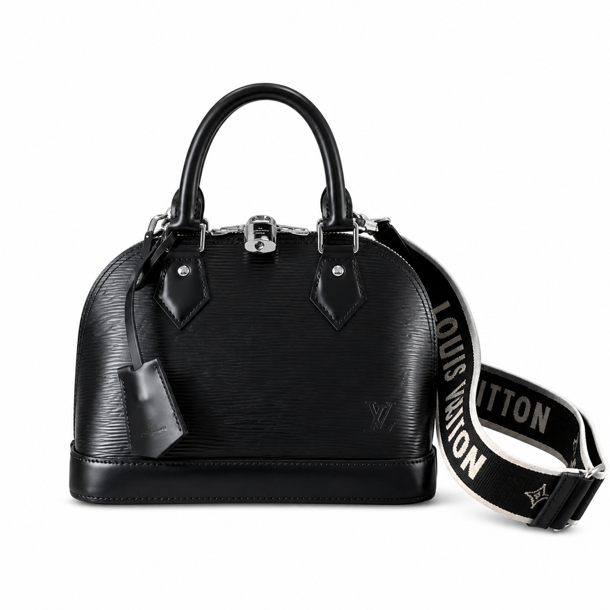 LV Alma BB Epi Leather Noir Black Wide LOUIS VUITTON Lettering Jacquard Crossbody Strap Silver Hardware Top Handle Bag
