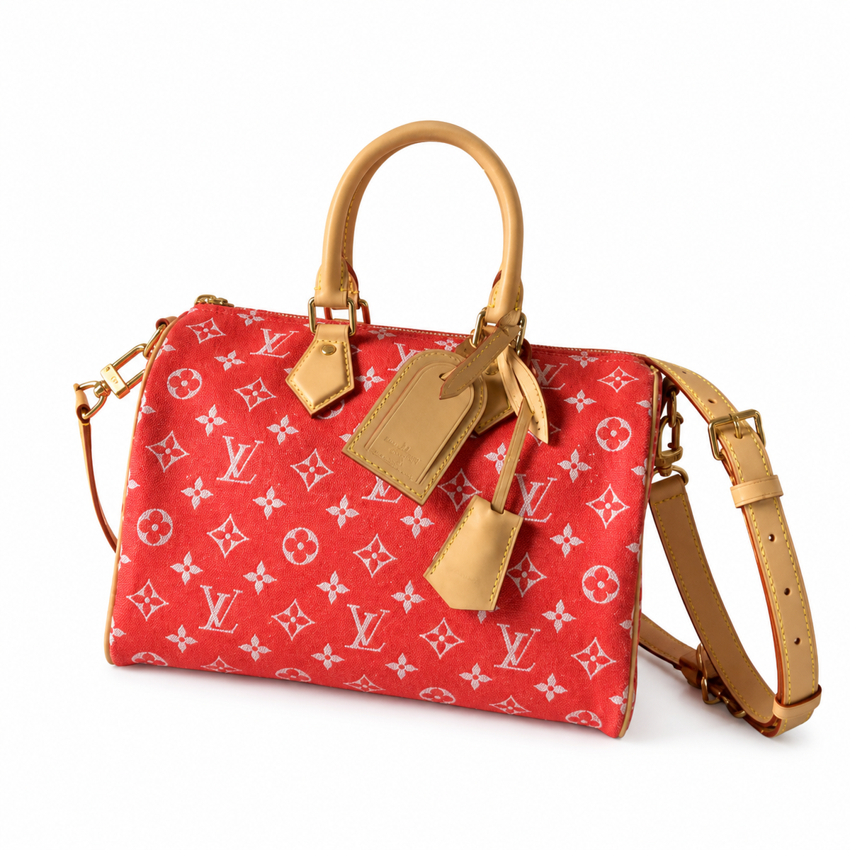 LV Speedy Bandoulière 25 Monogram Jacquard Denim Rouge Red Top Handle Crossbody Bag