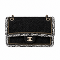 Chanel Classic Double Flap Tweed Black Gold White Trim 25cm
