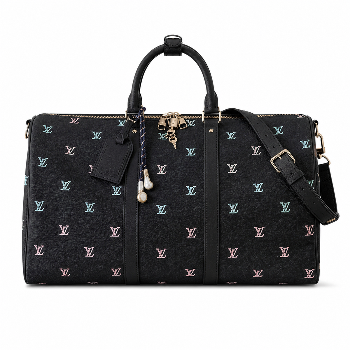 LV Keepall Bandoulière 50 Taiga Leather Black Iridescent Embroidery Travel Duffle Bag