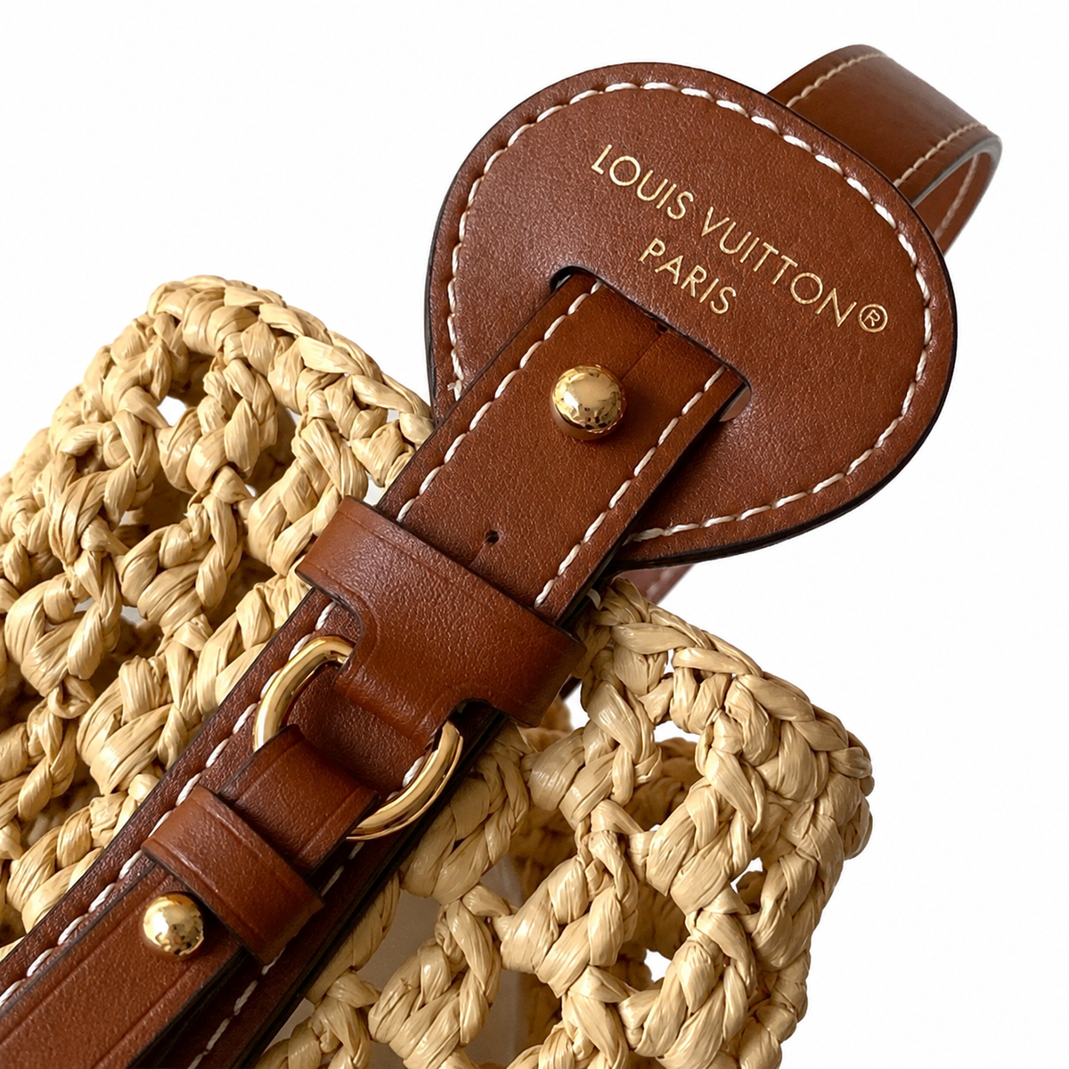 LV Raffia Open-Weave Crochet Top Handle Bag Natural Tan Calfskin Trim Summer Handbag