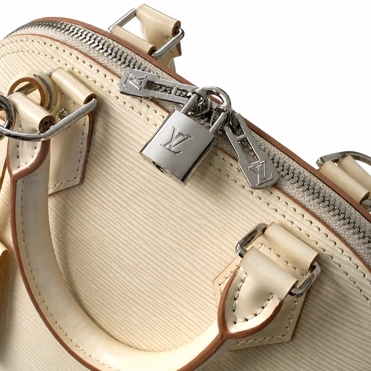 LV Alma BB Epi Leather Crème Ivory White Wide Monogram Jacquard Crossbody Strap Silver Hardware Top Handle Bag