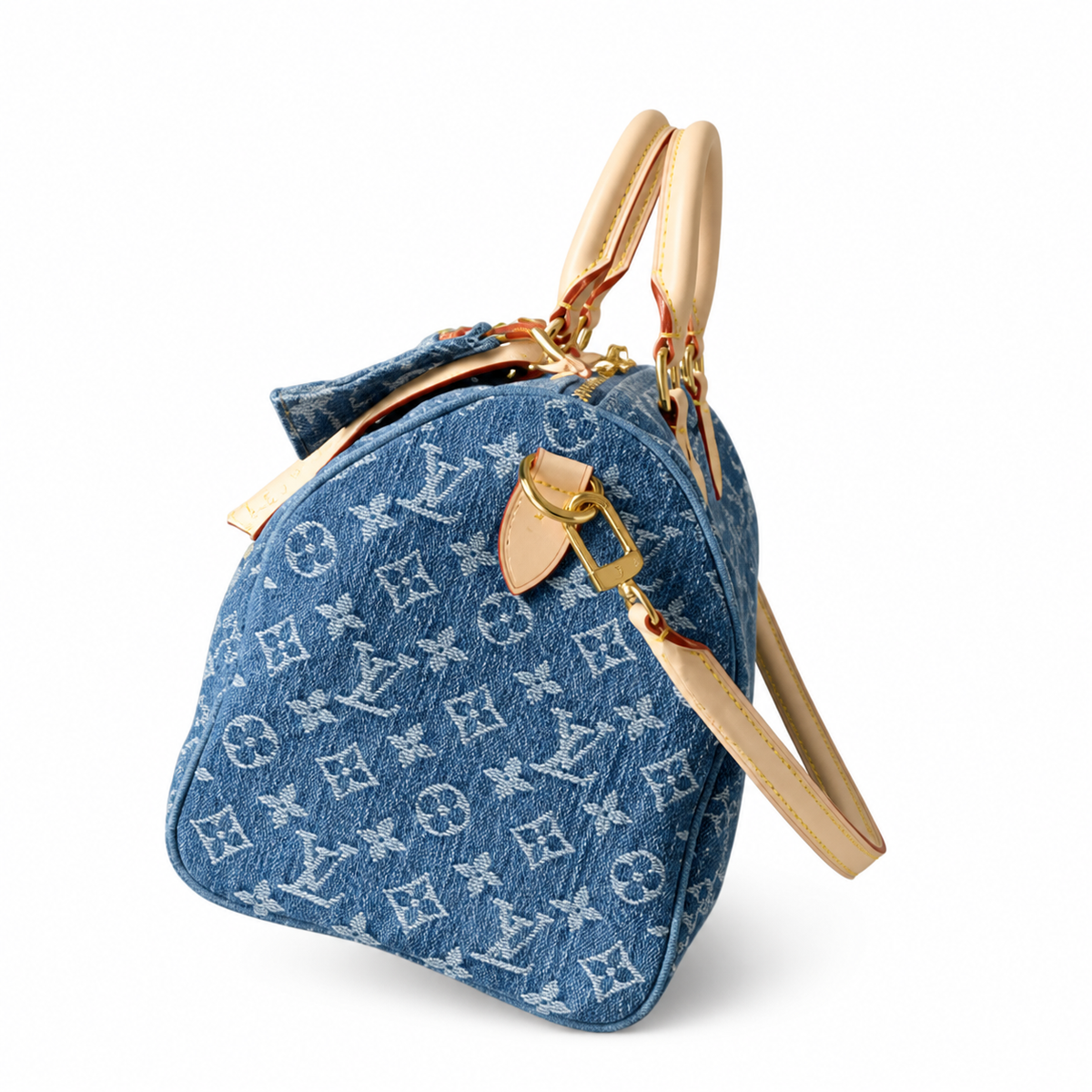LV Speedy Bandoulière 30 Monogram Denim Blue Vachetta Leather Gold LV Padlock Top Handle Crossbody Bag