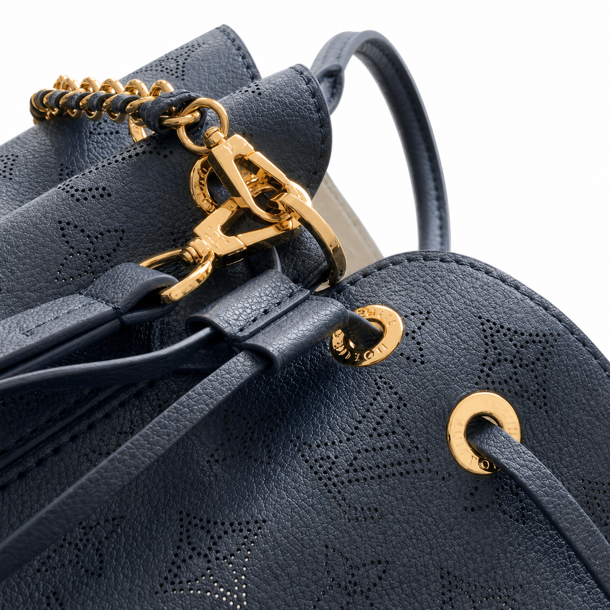 LV Bella Tote Monogram Empreinte Leather Navy Blue Gold Braided Chain Top Handle Crossbody Bag