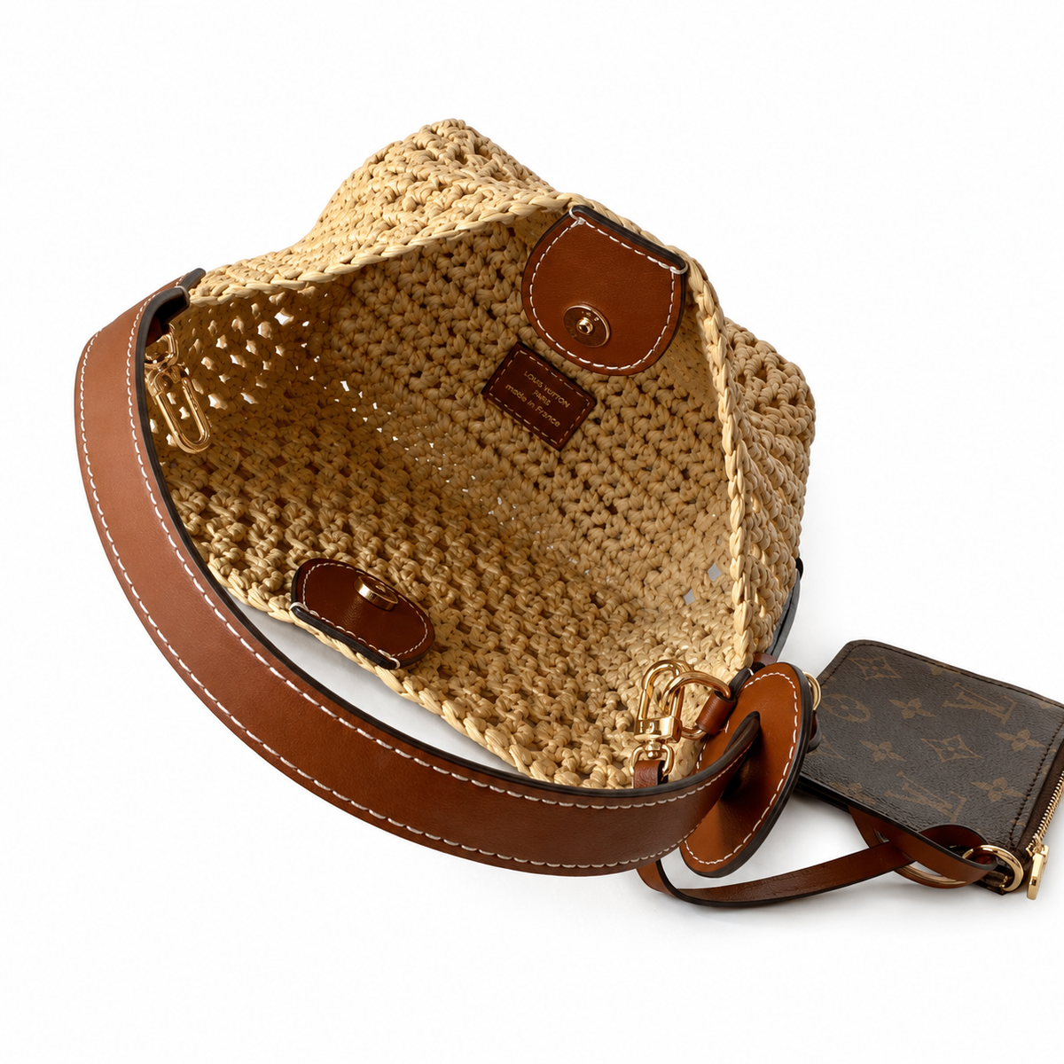 LV Raffia Open-Weave Crochet Top Handle Bag Natural Tan Calfskin Trim Summer Handbag