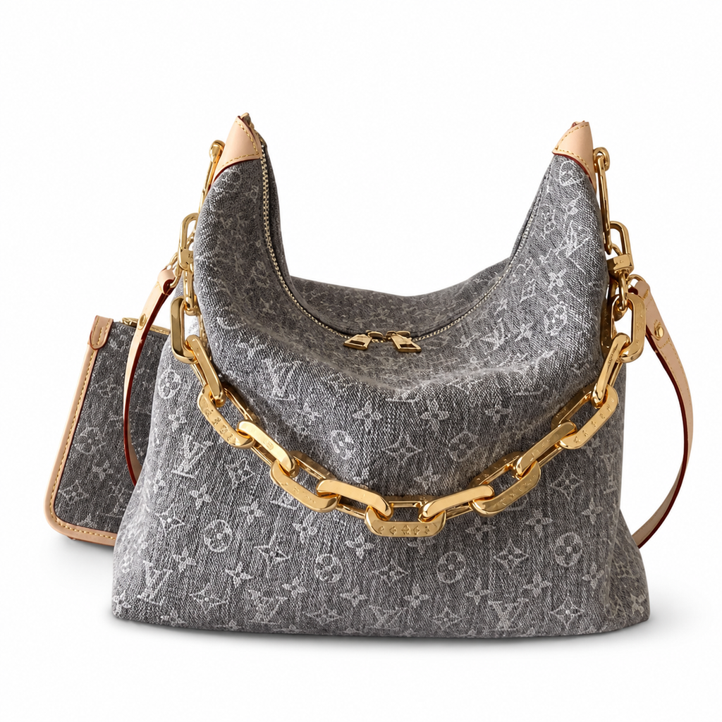 LV Boulogne Monogram Denim Slouchy Shoulder Bag Grey