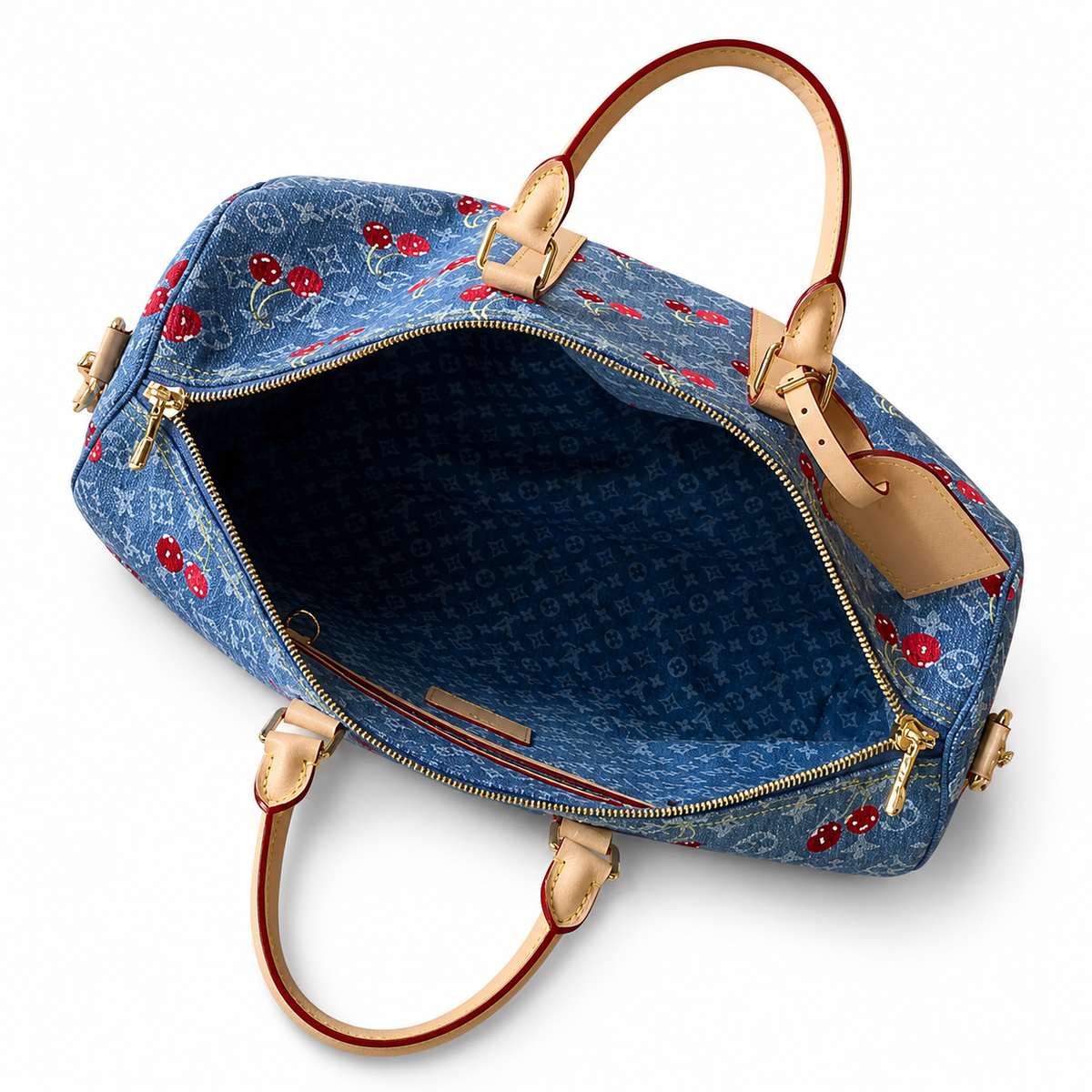 LV Keepall Bandoulière 50 Monogram Denim Cherry Print Travel Duffle Bag