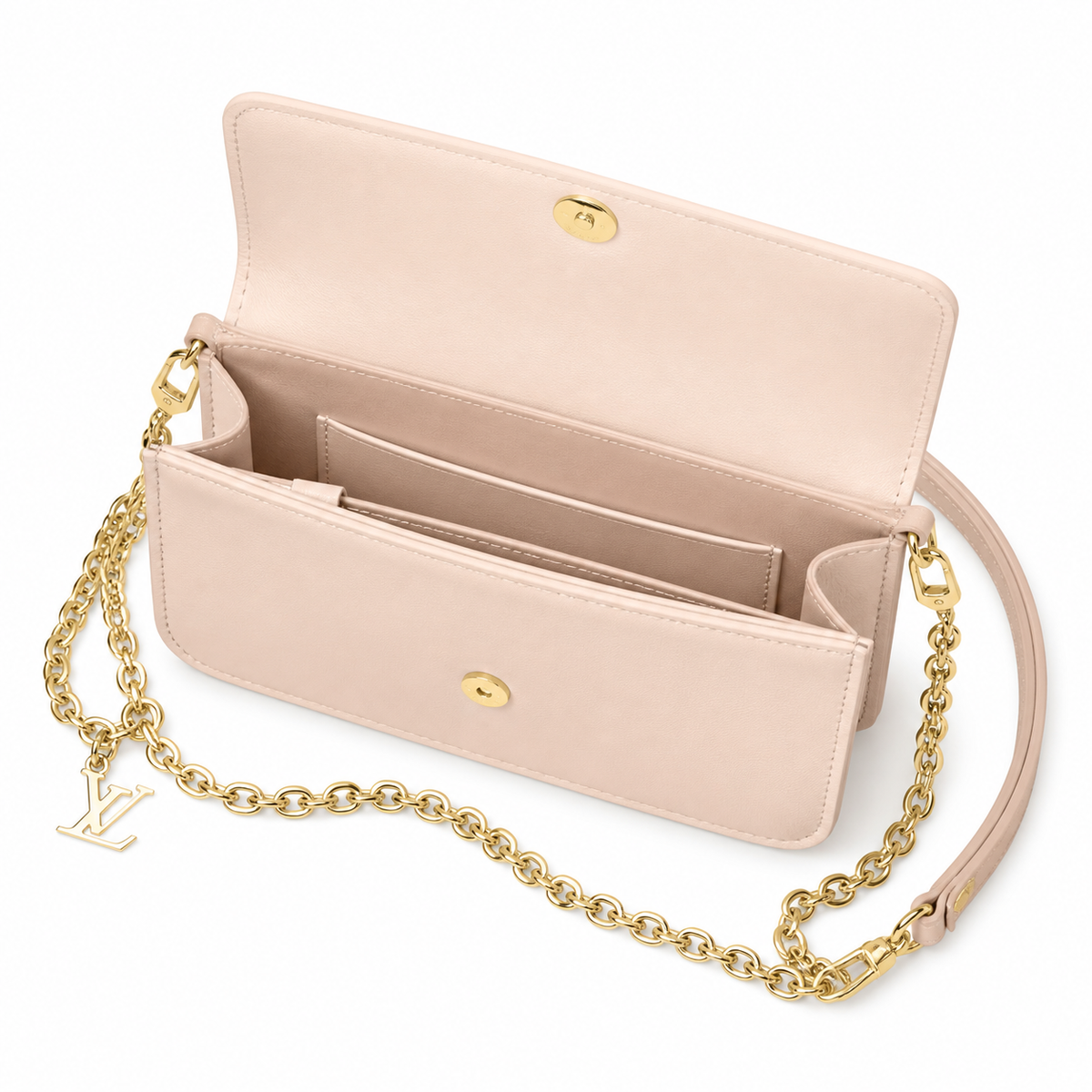 LV LockMe Tender Smooth Calfskin Rose Ballerine Blush Pink Hanging Gold LV Lock Chain Leather Strap Crossbody Bag