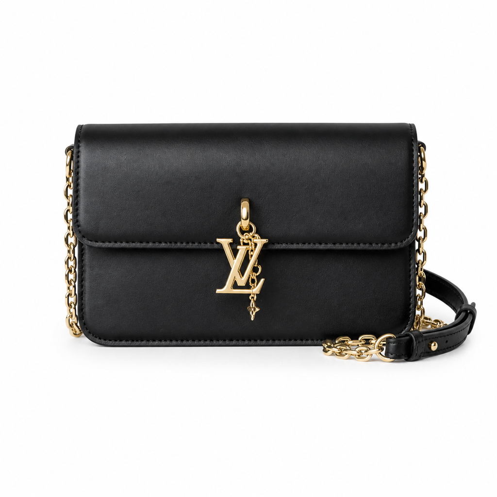 LV LockMe Tender Smooth Calfskin Noir Black Gold LV Turn-Lock Gold Padlock Charm Chain Leather Strap Crossbody Bag