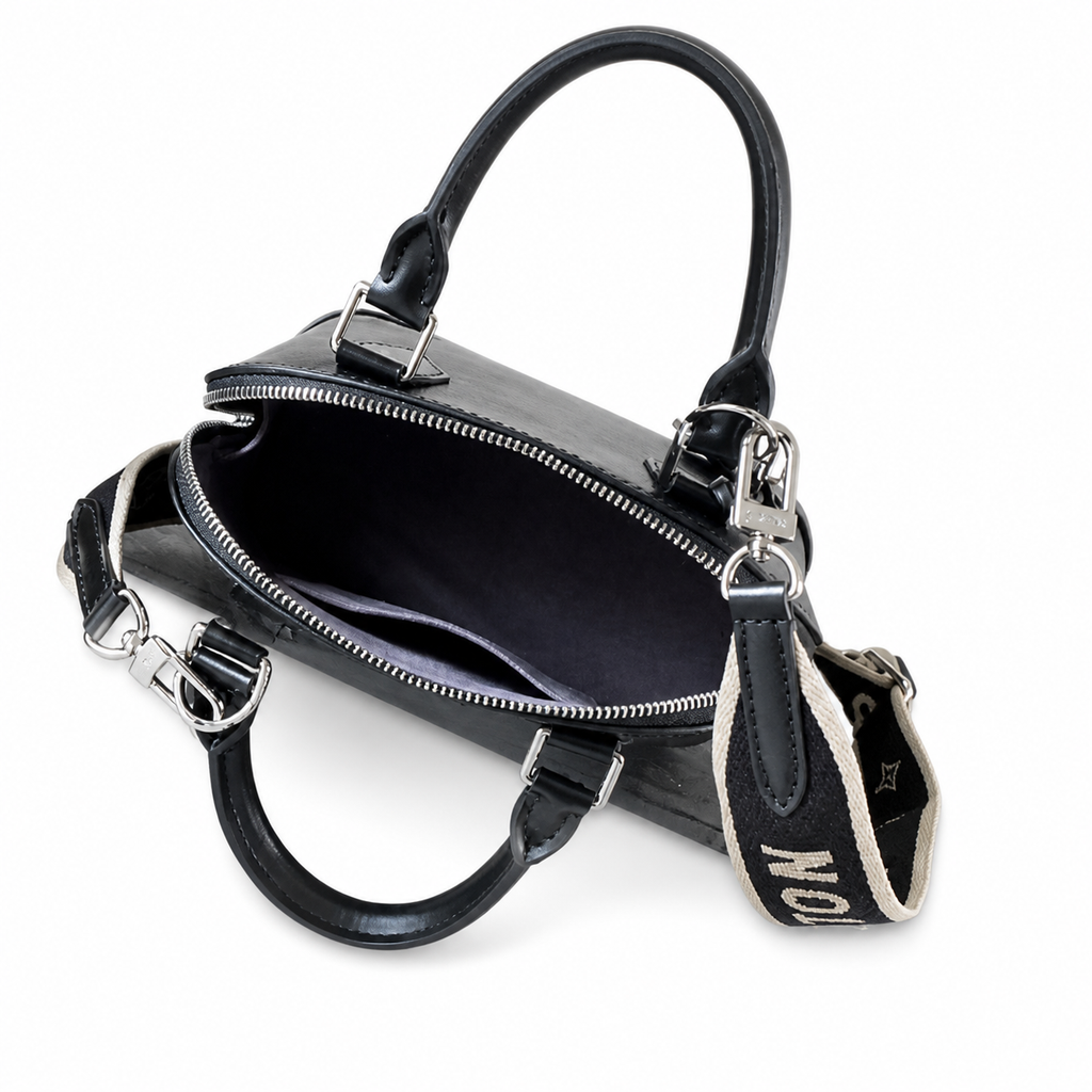 LV Alma BB Epi Leather Noir Black Wide LOUIS VUITTON Lettering Jacquard Crossbody Strap Silver Hardware Top Handle Bag