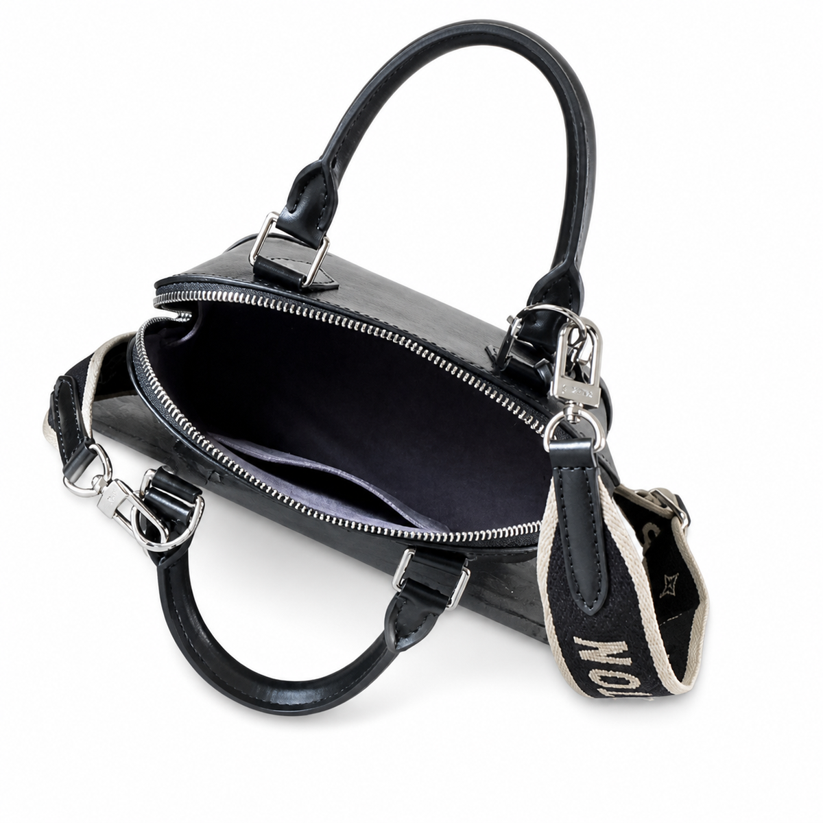 LV Alma BB Epi Leather Noir Black Wide LOUIS VUITTON Lettering Jacquard Crossbody Strap Silver Hardware Top Handle Bag