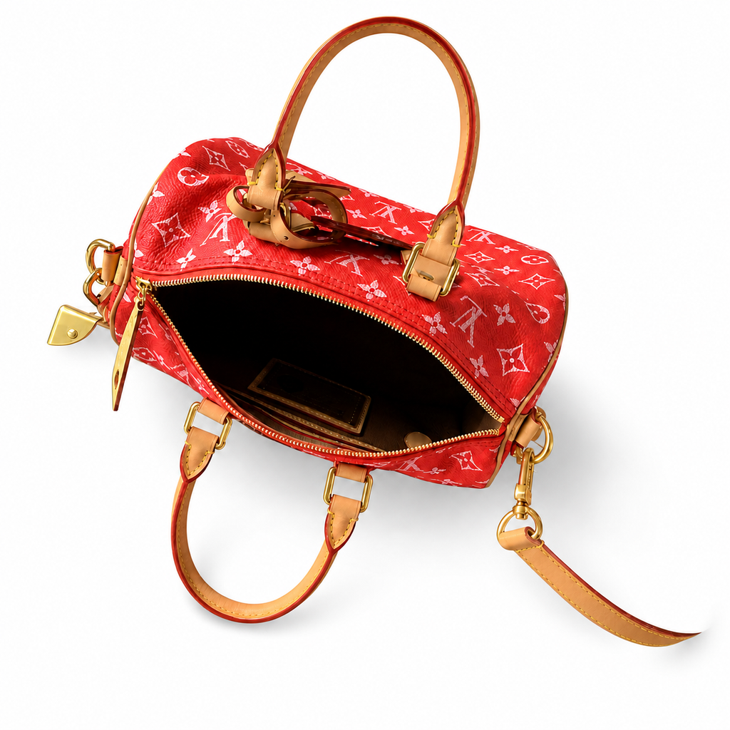 LV Speedy Bandoulière 25 Monogram Jacquard Denim Rouge Red Top Handle Crossbody Bag