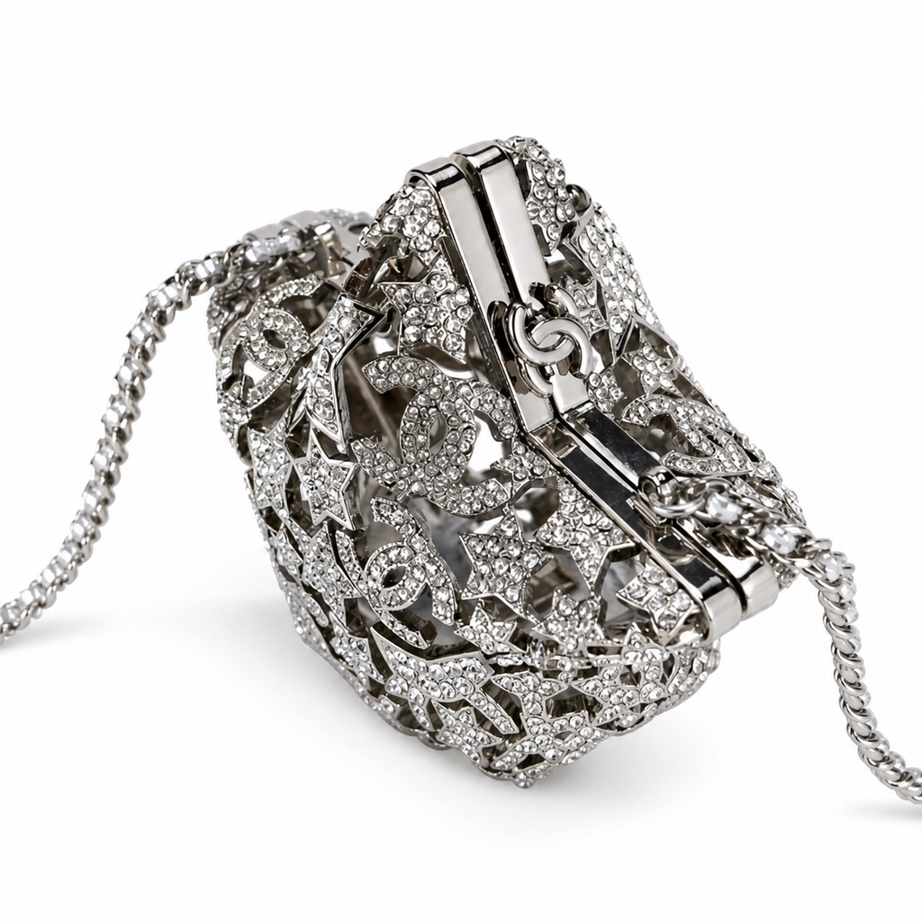 Chanel CC Pavé Crystal Star Minaudiere | Silver Filigree & Chain — 13cm