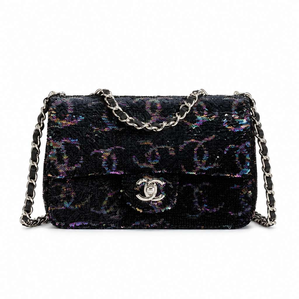 Chanel Black Aurora Borealis Iridescent Sequin Flap Bag | Colour-Shift Gold CC Turn-Lock & Silver Chain