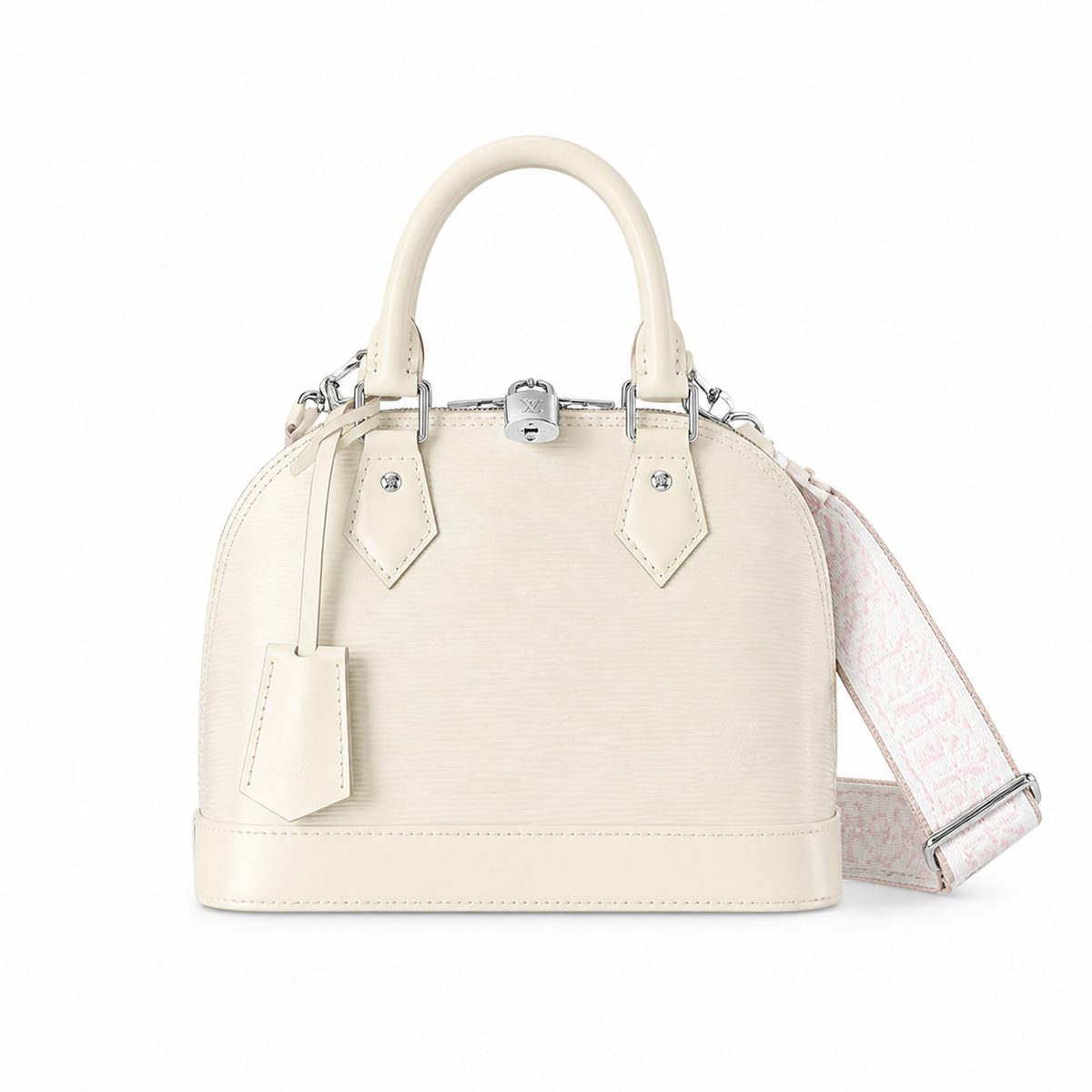 LV Alma BB Epi Leather Crème Ivory White Wide Monogram Jacquard Crossbody Strap Silver Hardware Top Handle Bag