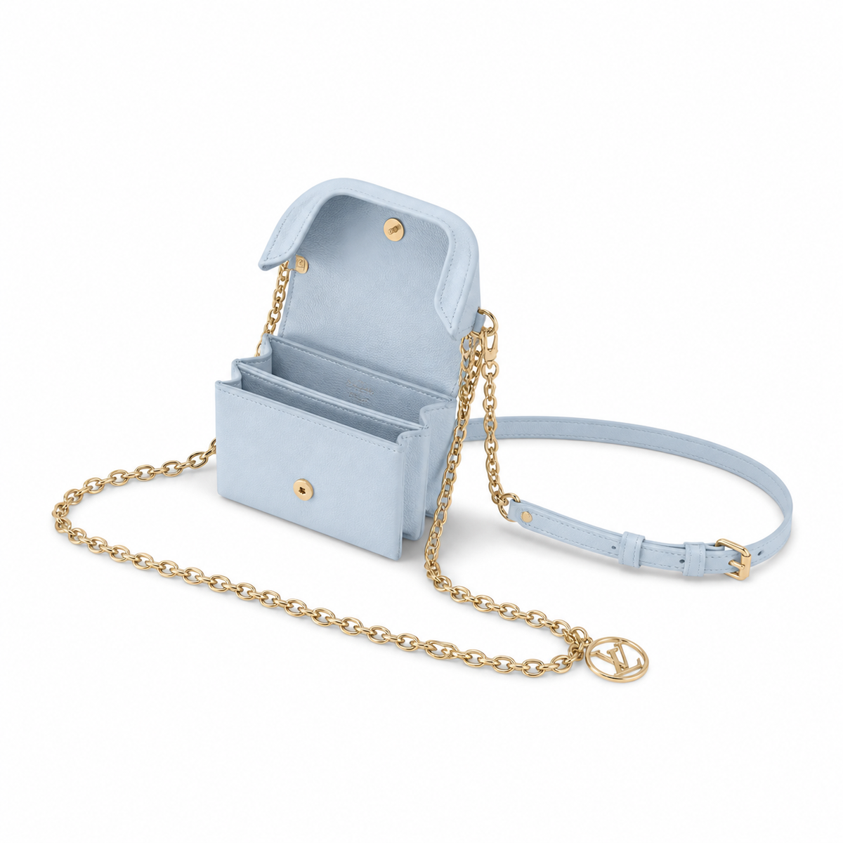 LV LockMe Tender Smooth Calfskin Bleu Glacé Ice Blue Giant Gold LV Turn-Lock Chain Leather Strap Crossbody Bag