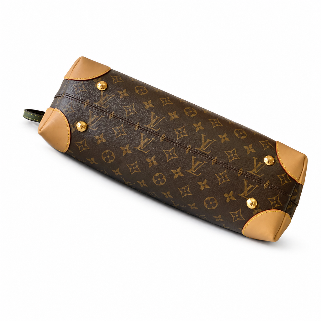 LV Beverly MM Monogram Canvas Vachetta Leather Corner Guards Gold LV Padlock Flap Top Handle Bag