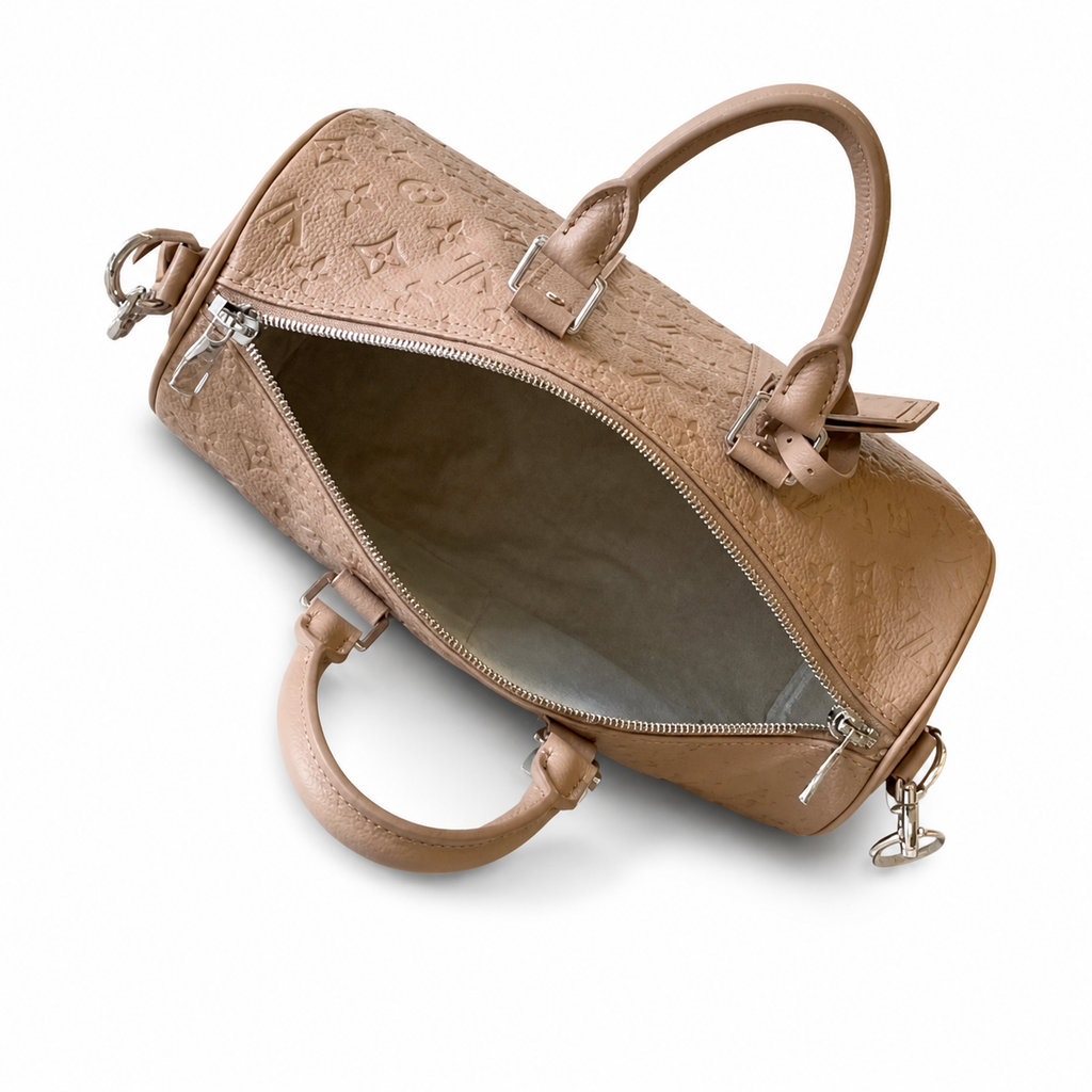 LV Keepall Bandoulière 35 Monogram Empreinte Leather Taupe Travel Bag