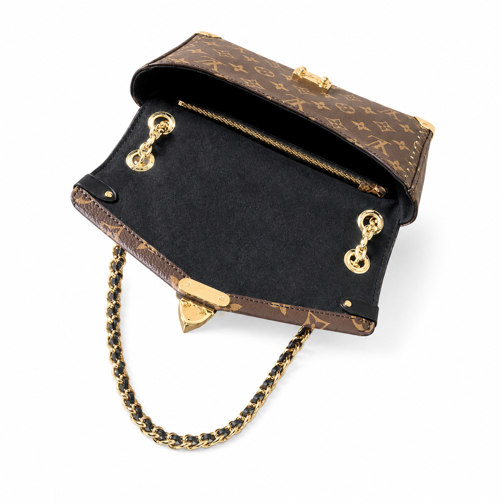 LV Trunk on Chain Monogram Canvas Gold Metal Corner Guards Double Chain Gold Turn-Lock Crossbody Shoulder Bag