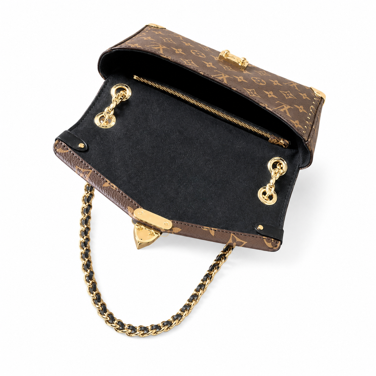LV Trunk on Chain Monogram Canvas Gold Metal Corner Guards Double Chain Gold Turn-Lock Crossbody Shoulder Bag
