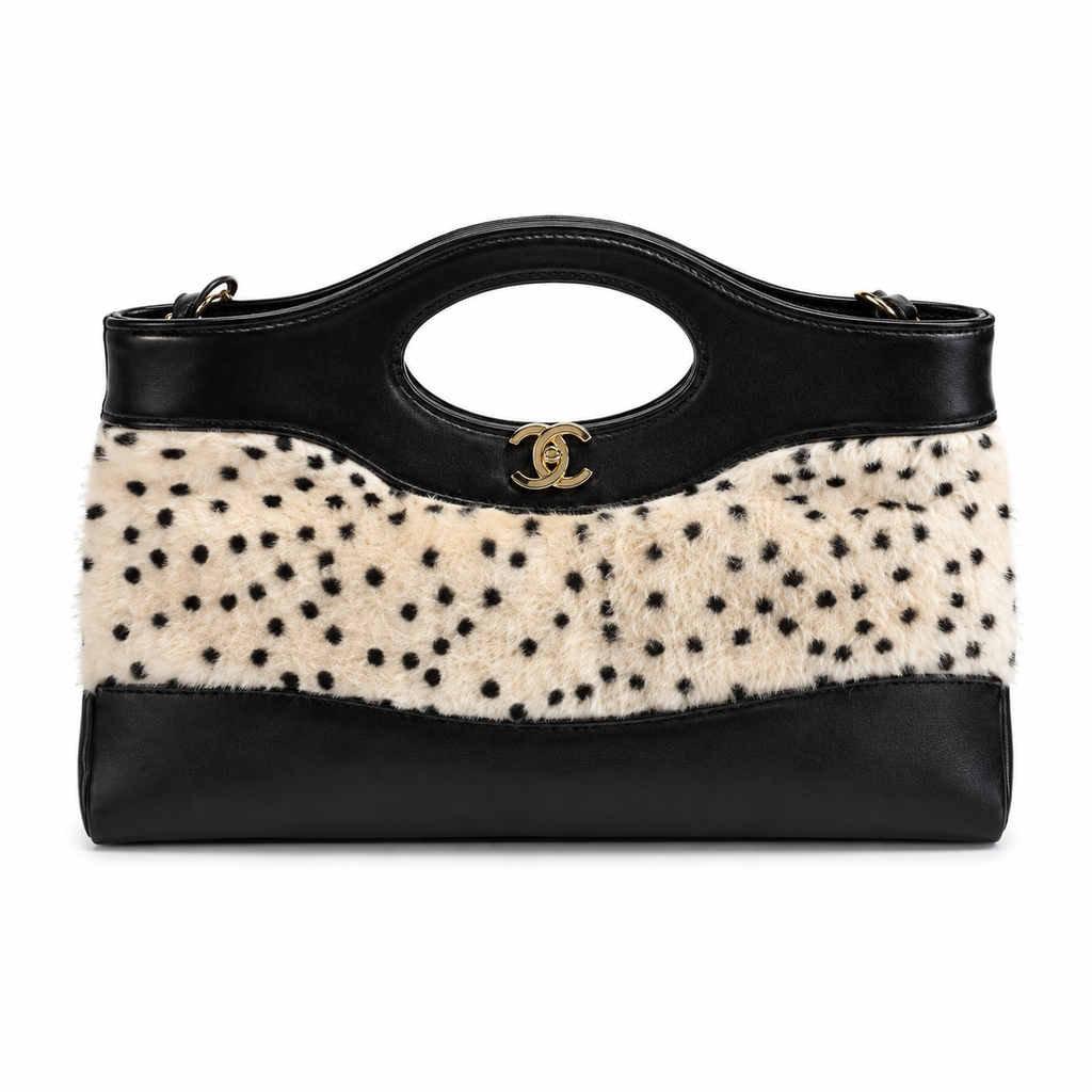 Chanel Dalmatian Spotted Shearling Tote | Circular Black Patent Handle & Gold CC Turn-Lock