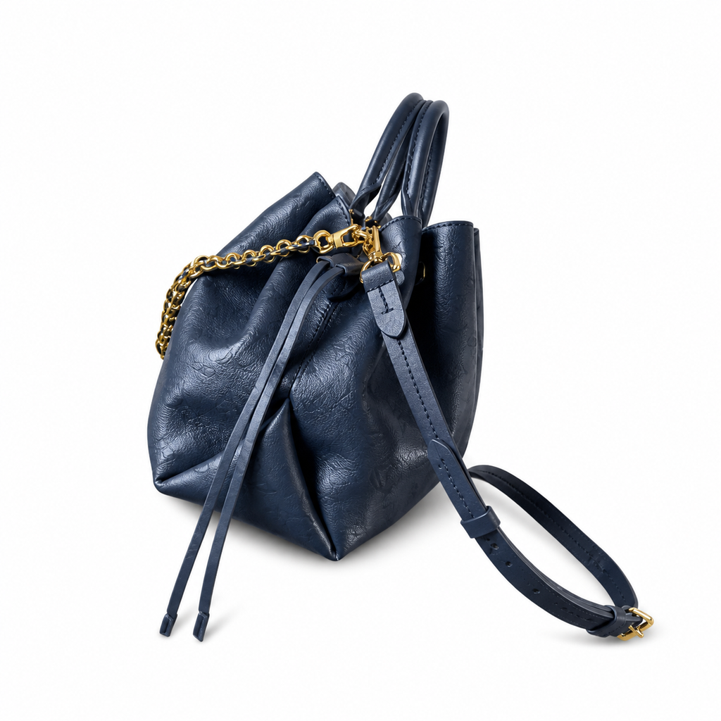 LV Bella Tote Monogram Empreinte Leather Navy Blue Gold Braided Chain Top Handle Crossbody Bag