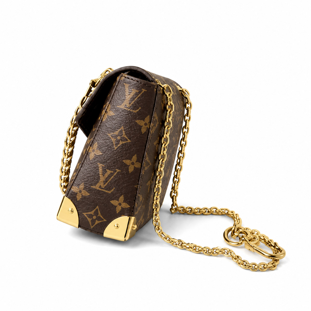 LV Trunk on Chain Monogram Canvas Gold Metal Corner Guards Double Chain Gold Turn-Lock Crossbody Shoulder Bag
