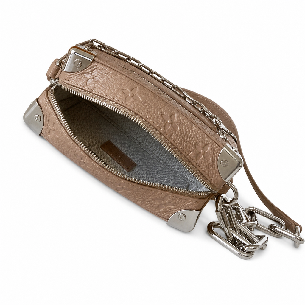 LV Soft Trunk Monogram Empreinte Leather Taupe Silver Chain Crossbody Bag