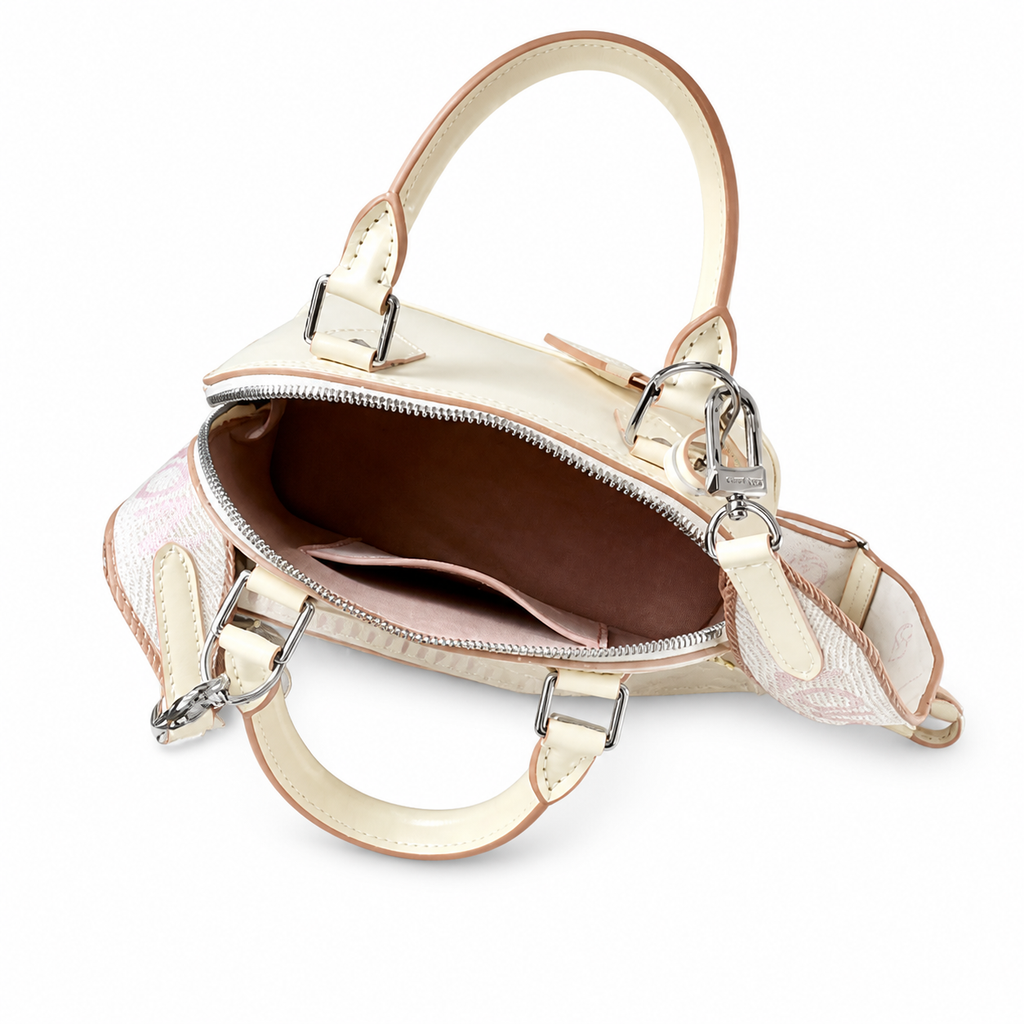 LV Alma BB Epi Leather Crème Ivory White Wide Monogram Jacquard Crossbody Strap Silver Hardware Top Handle Bag