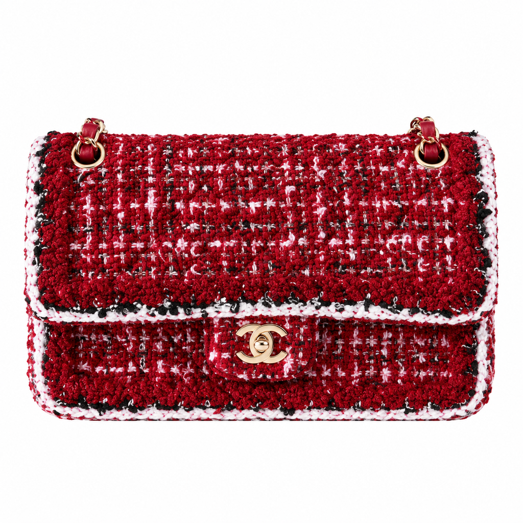 Chanel Classic Double Flap Tweed Red Pink Black White Gold 25cm