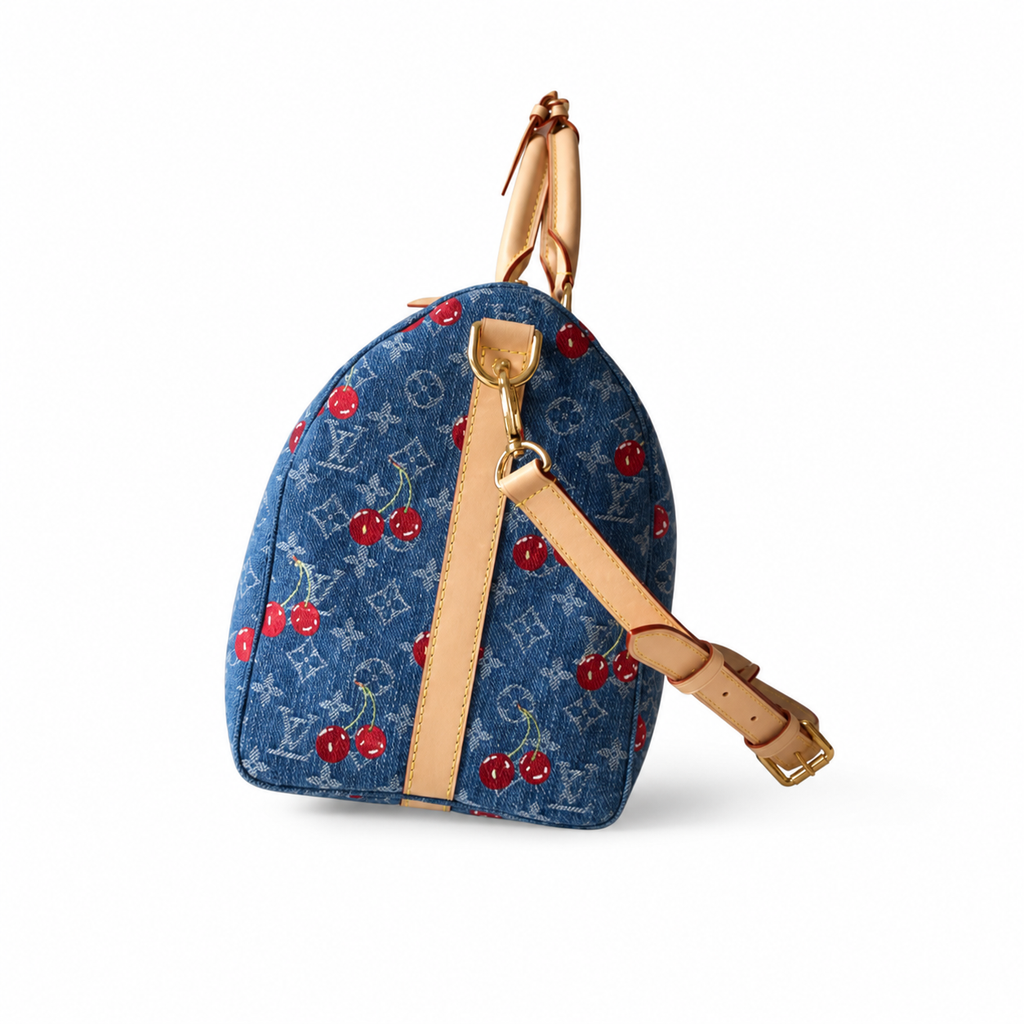 LV Keepall Bandoulière 50 Monogram Denim Cherry Print Travel Duffle Bag